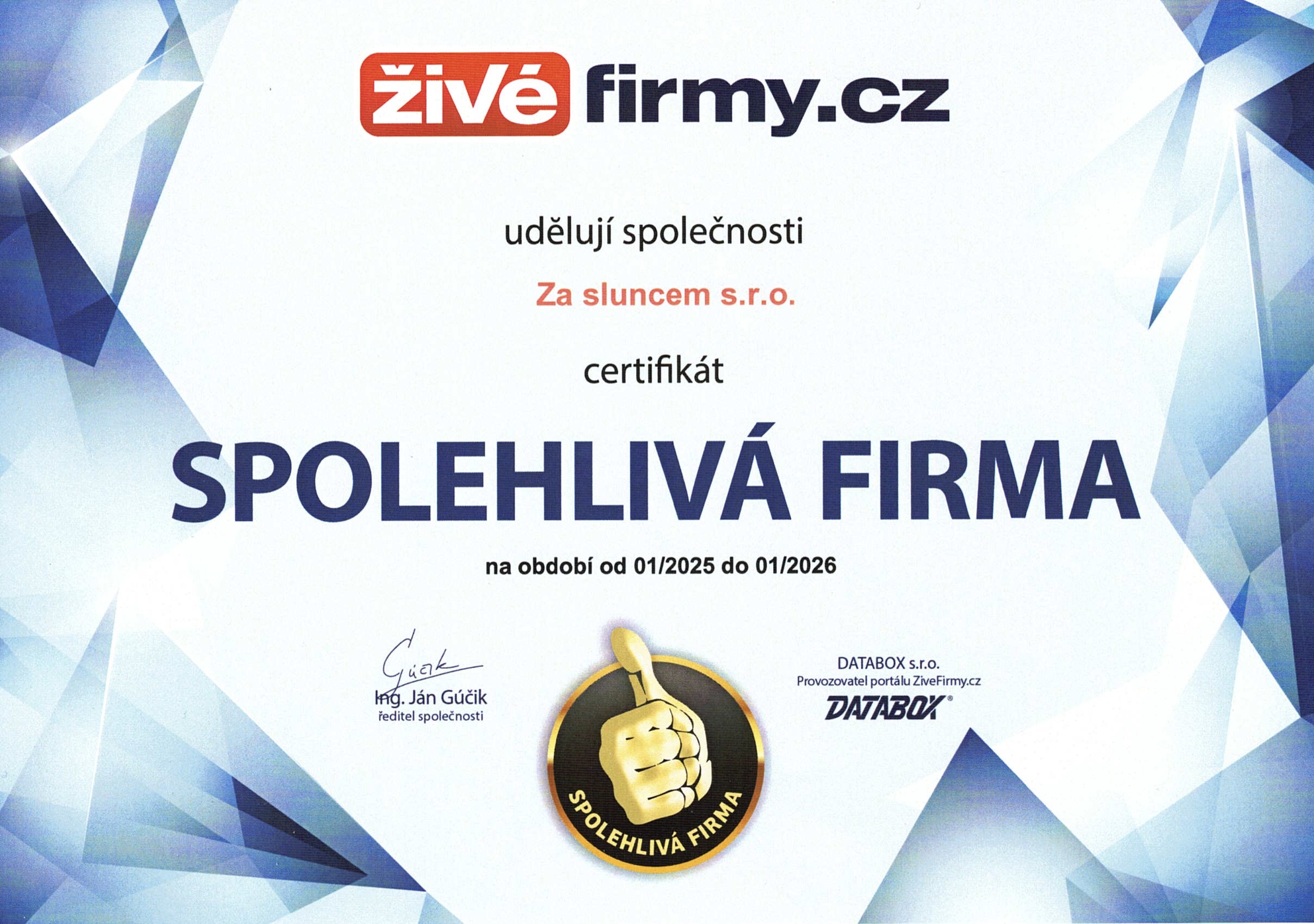 certifikát spolehlivá firma